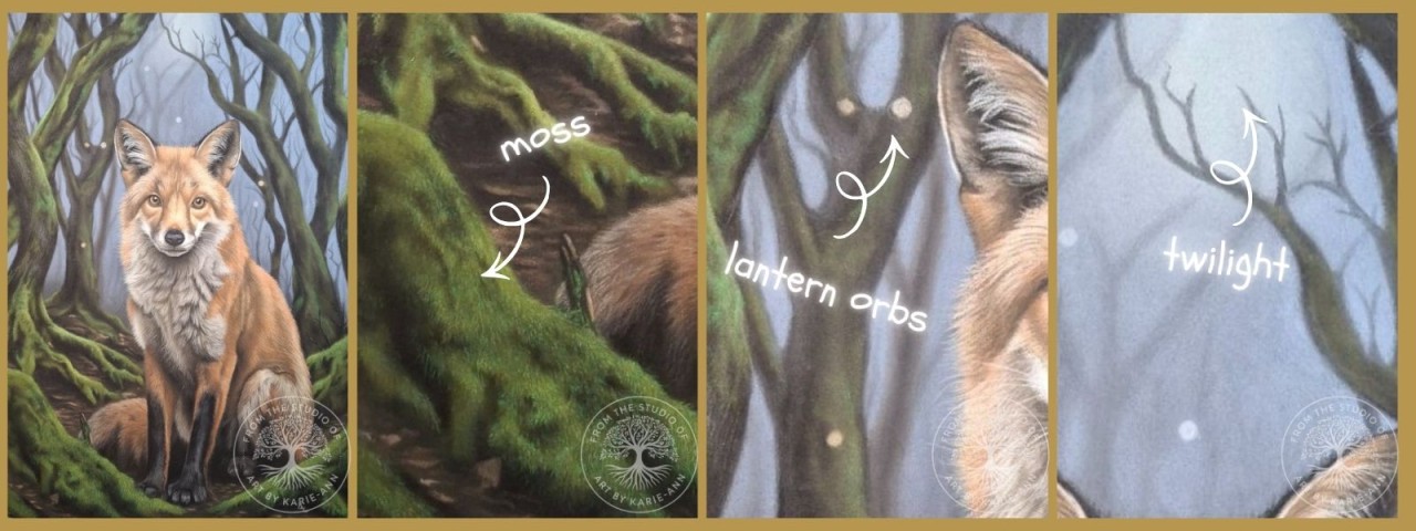 Four detail panels from the Twilight Gatekeeper artwork showing mossy branches, glowing lantern orbs, the fox among twisted trees, and the twilight forest sky.
